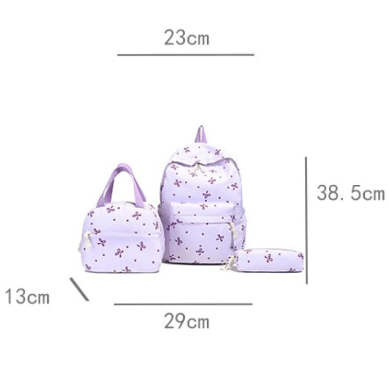 3-Piece Bow Print Backpack Set for Women Matching Crossbody Bag&Handbag&Pencil Case Multi-Pocket Lightweight School Bundle