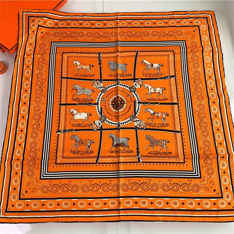 90Cm Hand Rolled Hem Paisley Horse Twill Silk Square Scarf Women Shawl Brand Hijab Scarf Foulard Head Scarves Design Bandana