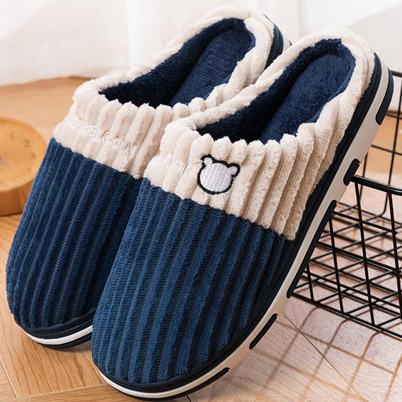 Smile Pop Women Confinement Soft Cotton Slippers Warm Non-Slip Plush Home Cotton Slippers Men Winter Couple Cotton Slippers