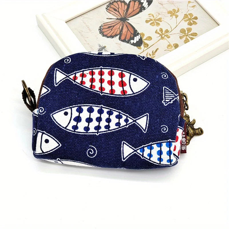 Women'S Canvas Cartoon Prints Keychain Wallet Small Card Organizer Key Pouch Ladies Money Bag Coin Purse for Children Girls Boys