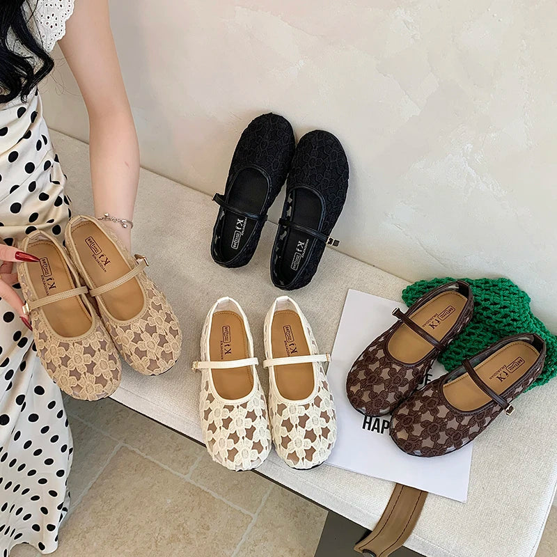 Lace Cutout Mary Jane Shoes Women'S Flat One Buckle Versatile Soft Sole Single Shoes
