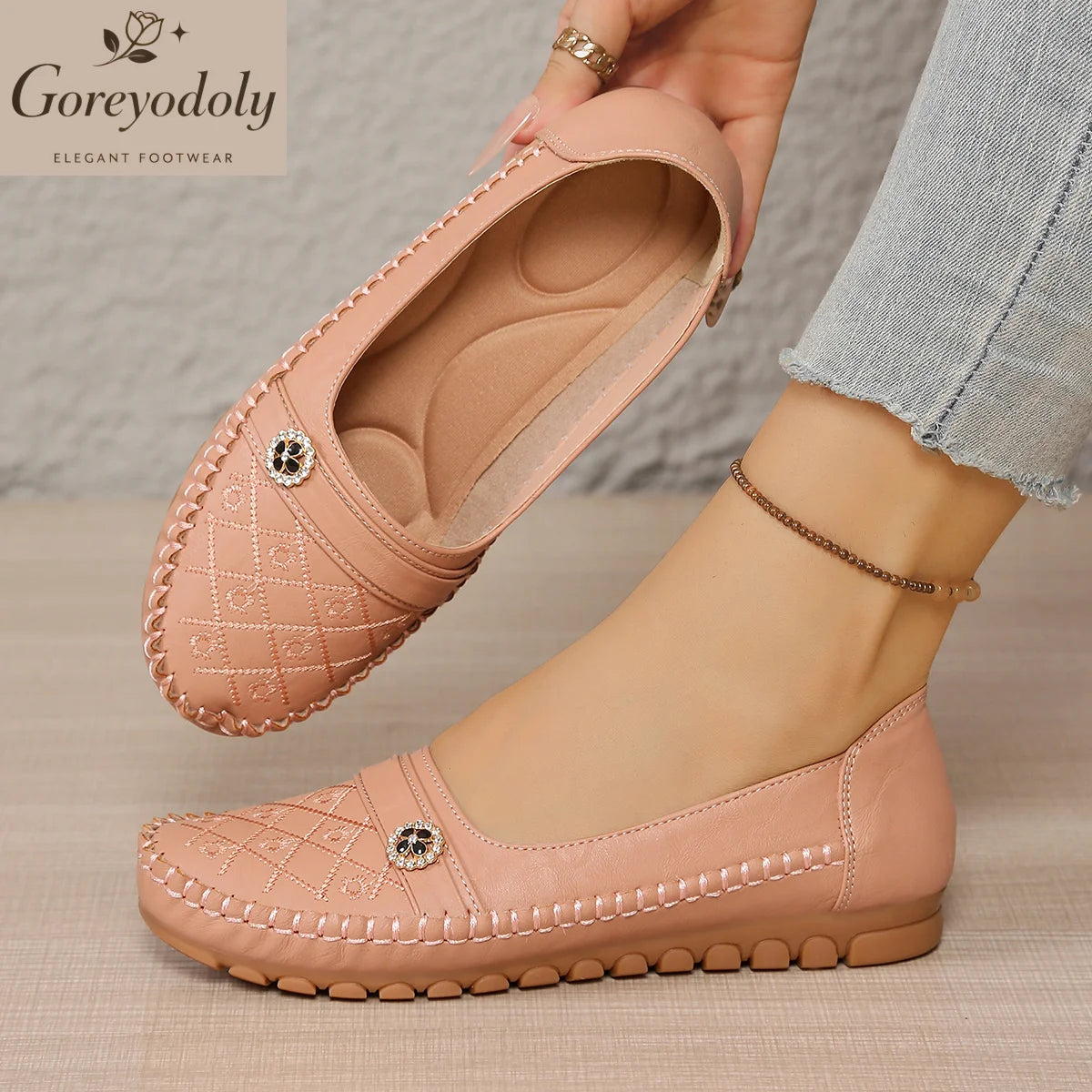 Goreyodoly Women Loafers Quilted Pattern Slip on Flats Soft Leather Lightweight Breathable Casual Walking Shoes Non Slip Sole