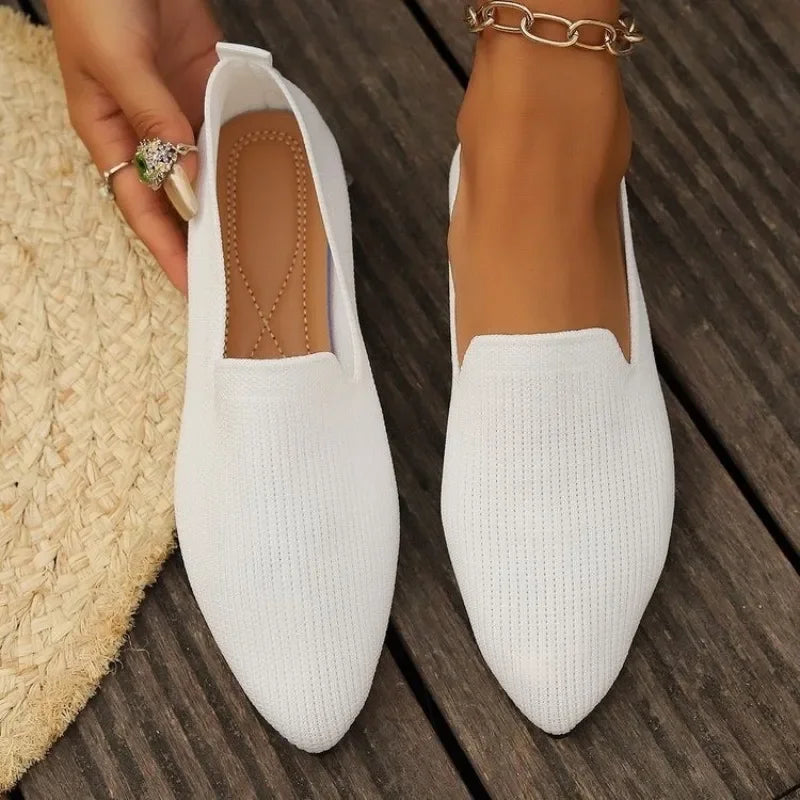 Women Solid Color Pointed Head Mesh Loafers Shallow Woman Soft Bottom Knit Ballet Flat Shoes Female Casual Slip on Boat Shoes