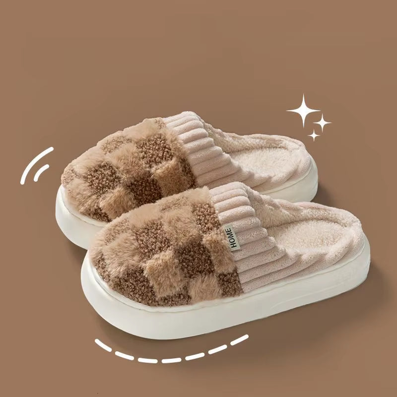 Fashion Couple Winter Slides Warm Plaid Fluffy Slippers Soft Sole Flip Flops for Women and Men Home Indoor Non-Slip Cotton Shoes