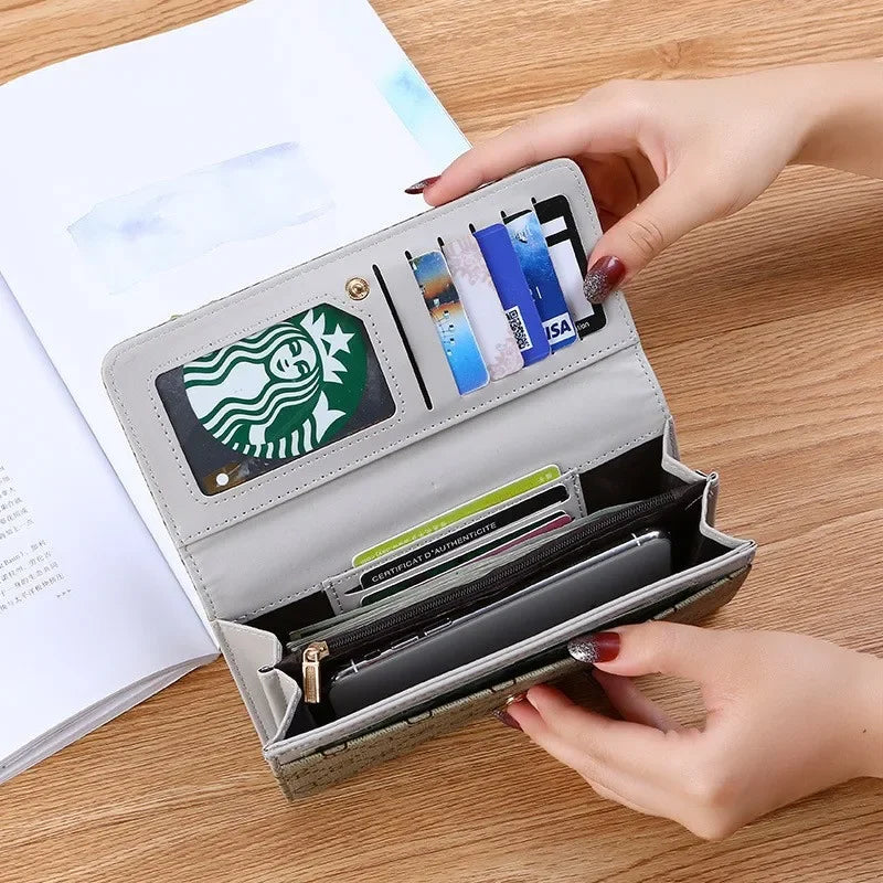 Fashionable Simple Long Wallet Women'S 2024 New Style Foldable Multi-Function Handheld Leather Clip Card Holder Two-In-One Popul