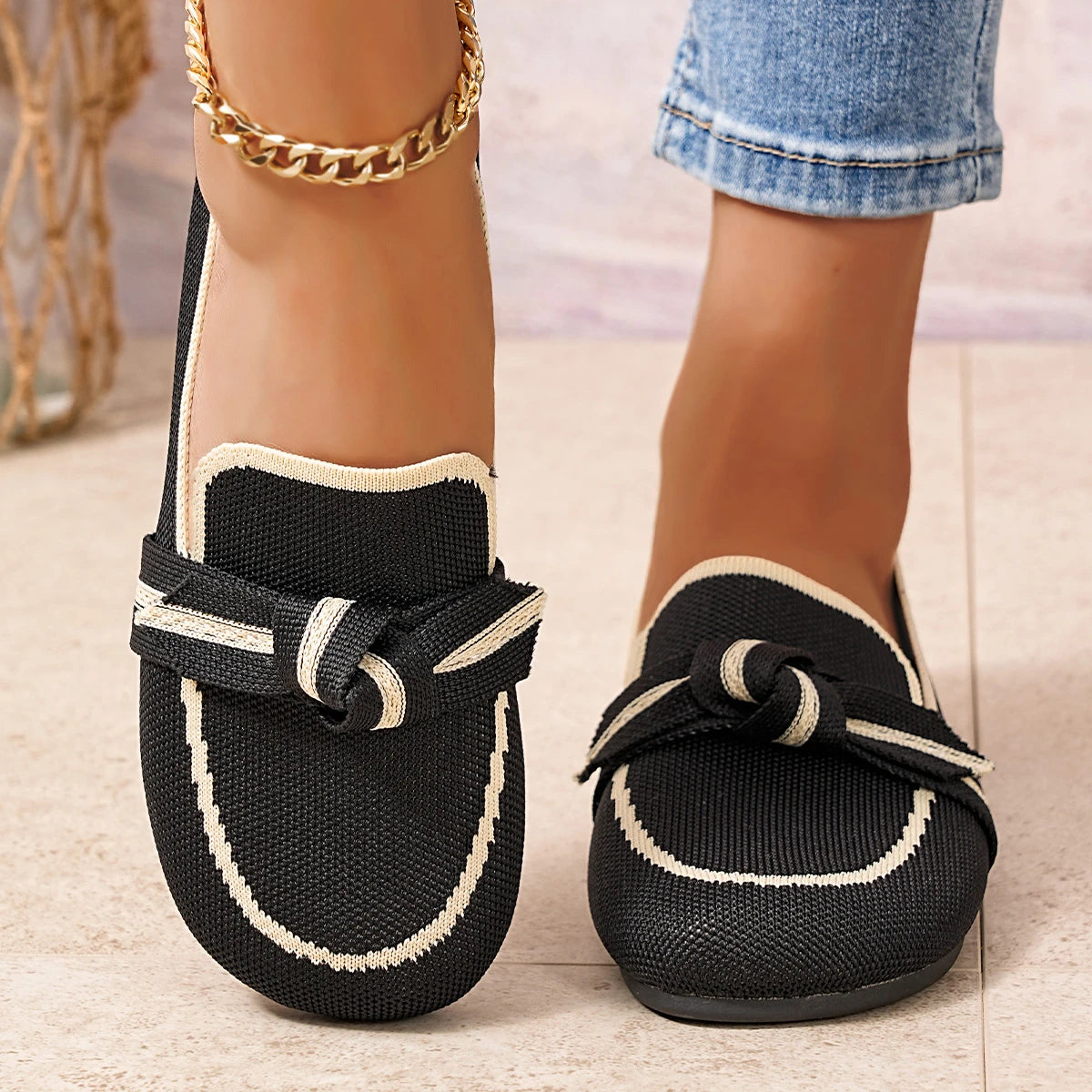 New Style Knitted Breathable Flat Shoes Lightweight round Toe Casual Comfortable Ballet Flat Women'S Loafers Large Size 36-43