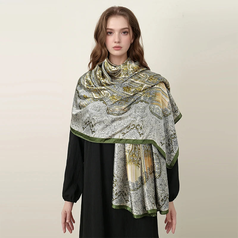 Oversized Silk Shawl for Women Luxury Paisley Print Sun Protection Wrap Summer Beach Cover up Muslim Hijab Scarf Fashion Bandana