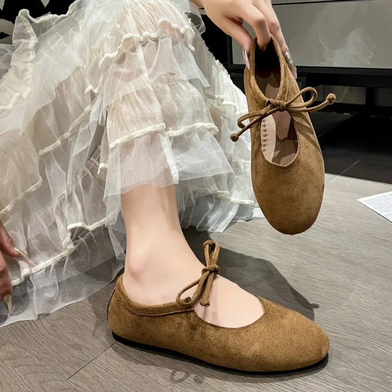Casual Flat Shoes Women'S round Toe Shallow Suede Front Lace-Up Soft Sole Anti-Slip Wear-Resistant Low-Top Single Shoes
