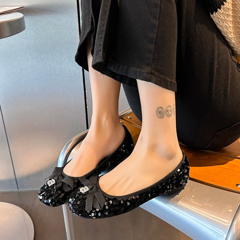 Bowtie Flat Shoes Woman round Toe Crystal Glitter Slip on Loafers Soft Bottom Bow Ballet Flats Ladies Mary Jane Shoes Zapatillas