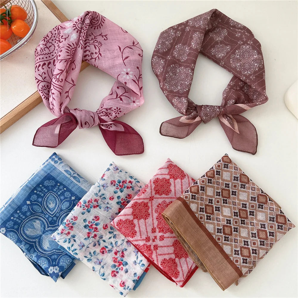 Fashion Women Printing Cotton Linen Small Square Scarf Summer Scarf Women'S Versatile Paisley Scarf Head Band Hair Accessories