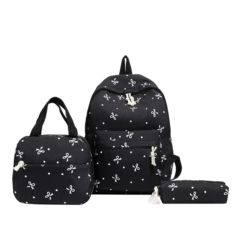 3-Piece Bow Print Backpack Set for Women Matching Crossbody Bag&Handbag&Pencil Case Multi-Pocket Lightweight School Bundle