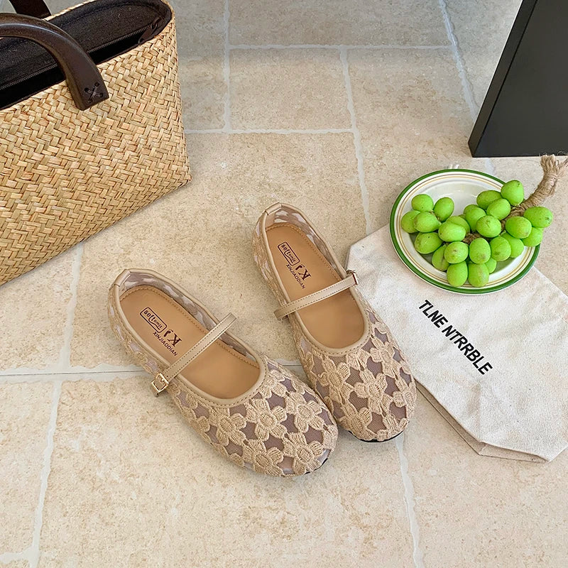 Lace Cutout Mary Jane Shoes Women'S Flat One Buckle Versatile Soft Sole Single Shoes