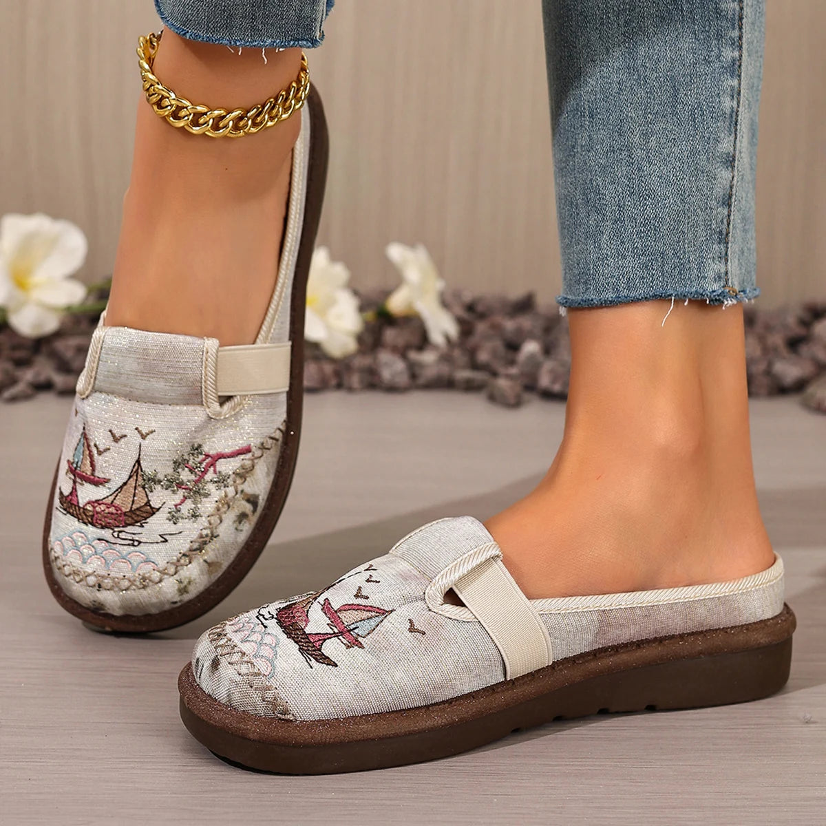 Embroidered Sailing Mule Slides for Women - Comfortable Casual Flat Shoes with Vintage Nautical Print