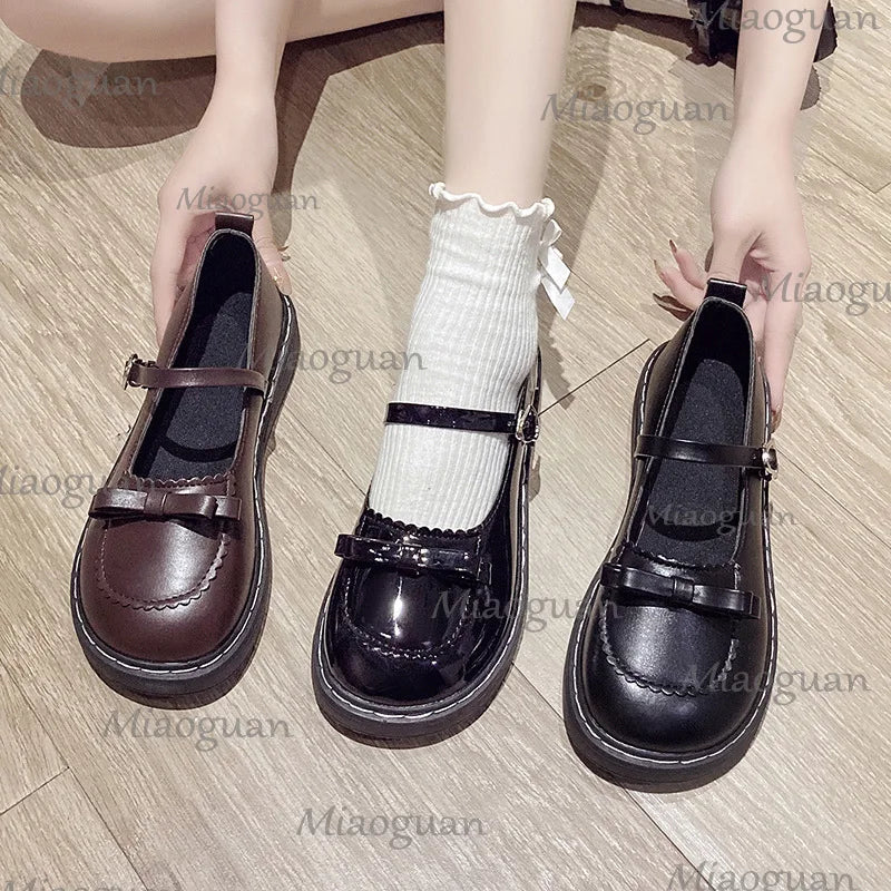 Spring Autumn Lolita Shoes Bow Mary Janes Shoes Platform Women'S Flats Leather round Toe Casual Shoes Lovely Girls Black Oxford