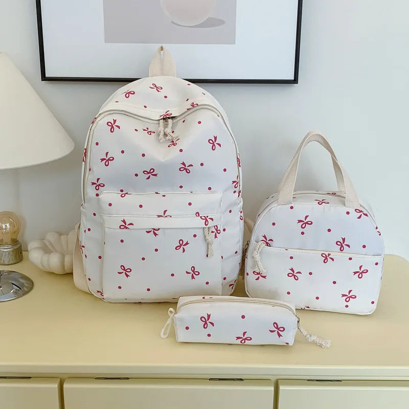 3-Piece Bow Print Backpack Set for Women Matching Crossbody Bag&Handbag&Pencil Case Multi-Pocket Lightweight School Bundle