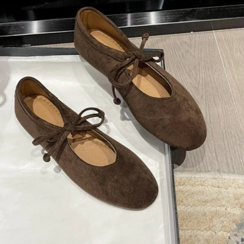 Casual Flat Shoes Women'S round Toe Shallow Suede Front Lace-Up Soft Sole Anti-Slip Wear-Resistant Low-Top Single Shoes
