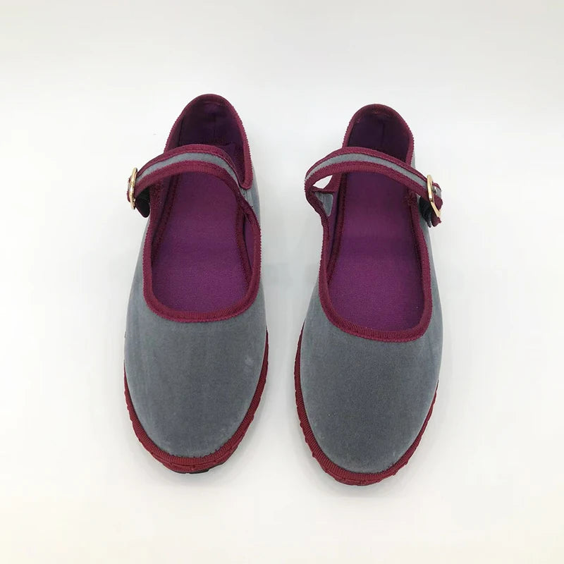 Gray Mary Jeans Flats Shoes Women round Toe Hand Stitch Velvet Cloth Shoes Ladies Casual Soft Comfortable Ballet Shoes Loafers