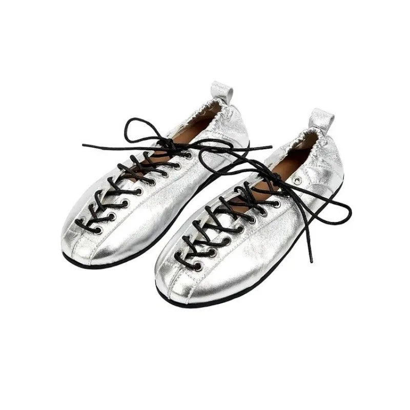 Women'S 2026 Spring Elegant French Lace-Up Woven Cutout Elasticated Flat Sneakers