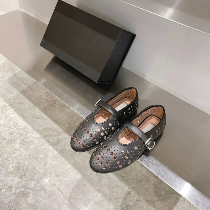 Round Toe One-Strap Single Shoes PU Leather Shallow Low-Cut Square Heel Rubber Sole Low Heel Less3Cm Women'S Comfort Dress Shoes