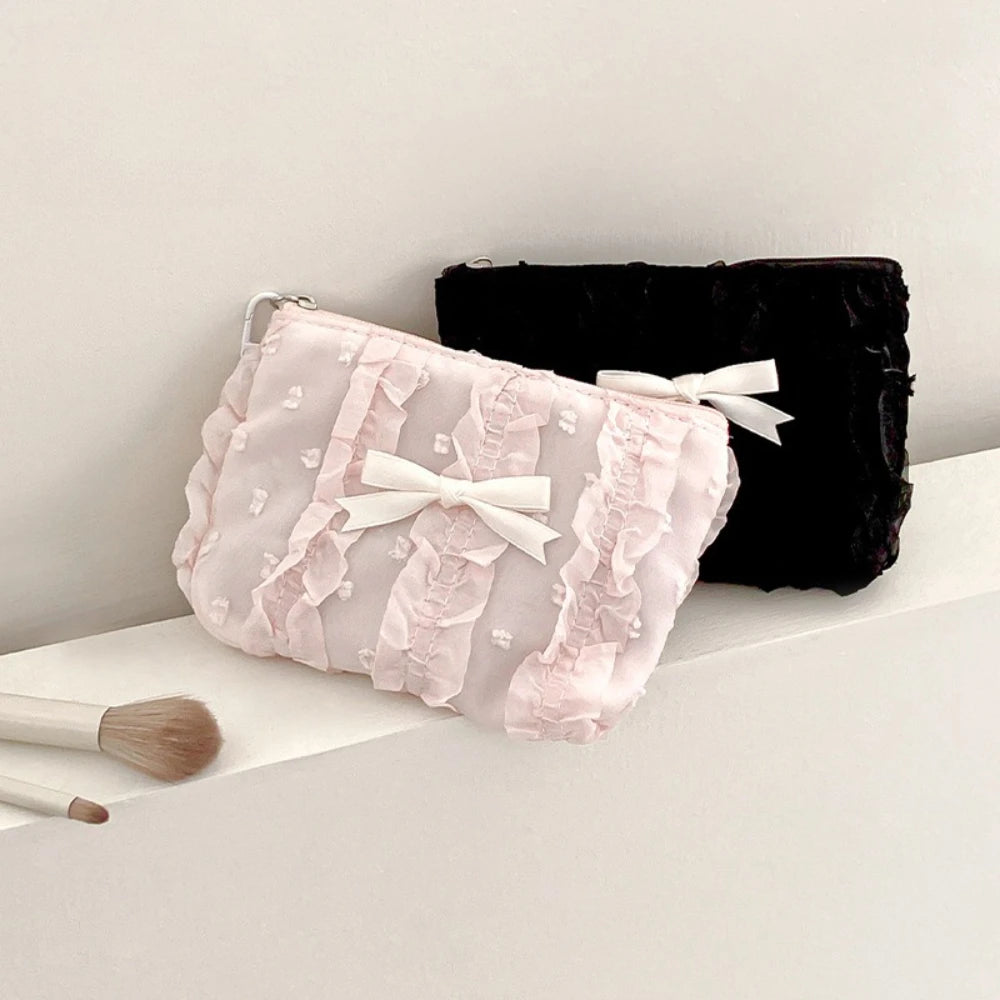 Cute Women Makeup Mini Bag Korean Lace Bow Portable Coin Purse Small Pouch Handbag Kawaii Female Cosmetic Storage Zipper Bag