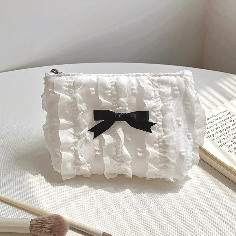 Cute Women Makeup Mini Bag Korean Lace Bow Portable Coin Purse Small Pouch Handbag Kawaii Female Cosmetic Storage Zipper Bag
