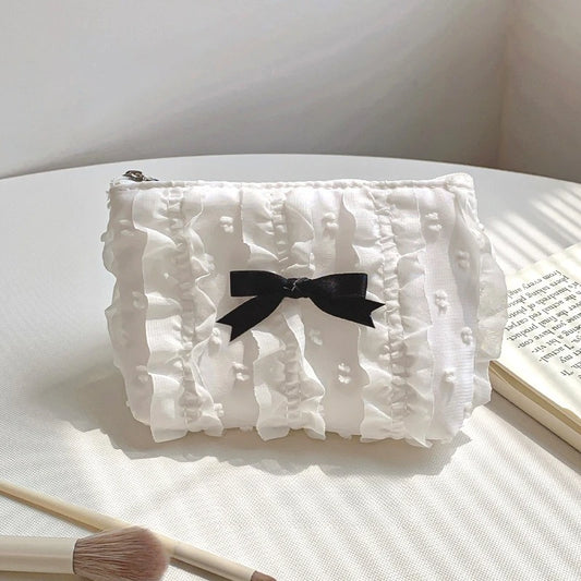 Cute Women Makeup Mini Bag Korean Lace Bow Portable Coin Purse Small Pouch Handbag Kawaii Female Cosmetic Storage Zipper Bag