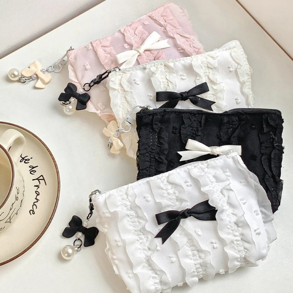 Cute Women Makeup Mini Bag Korean Lace Bow Portable Coin Purse Small Pouch Handbag Kawaii Female Cosmetic Storage Zipper Bag