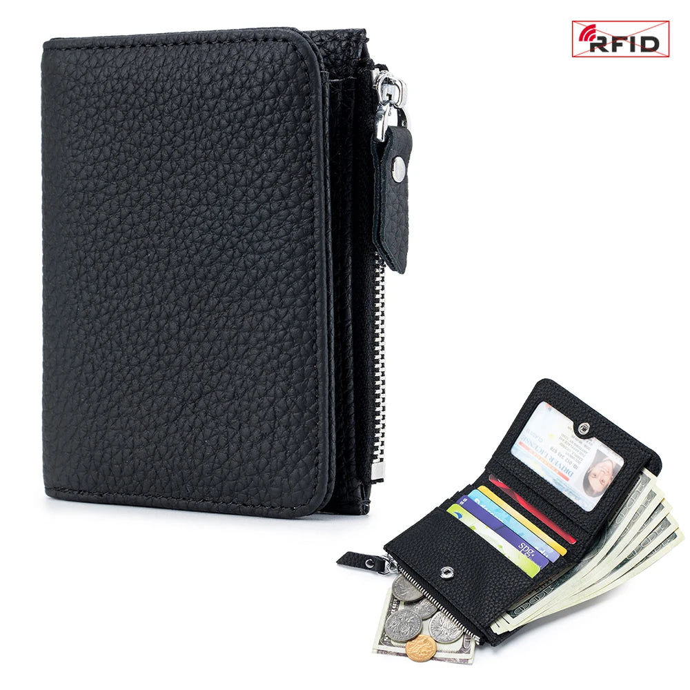 Genuine Leather Men Women Cute Short Wallet Luxury Solid Zipper Coin Purse Rfid Bank Credit Card Holder Slim Small Money Bag