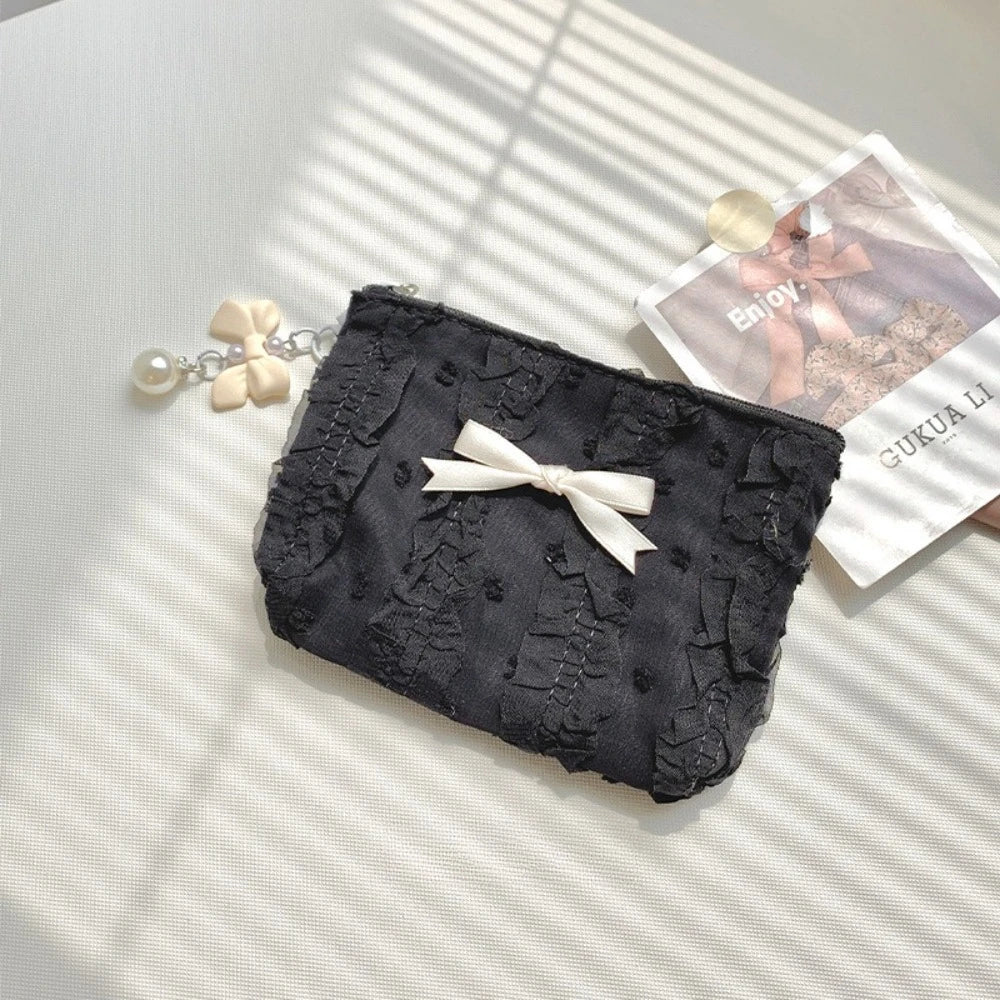 Cute Women Makeup Mini Bag Korean Lace Bow Portable Coin Purse Small Pouch Handbag Kawaii Female Cosmetic Storage Zipper Bag