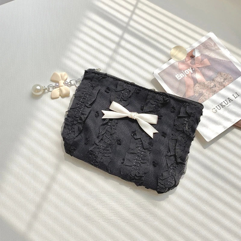 Cute Women Makeup Mini Bag Korean Lace Bow Portable Coin Purse Small Pouch Handbag Kawaii Female Cosmetic Storage Zipper Bag