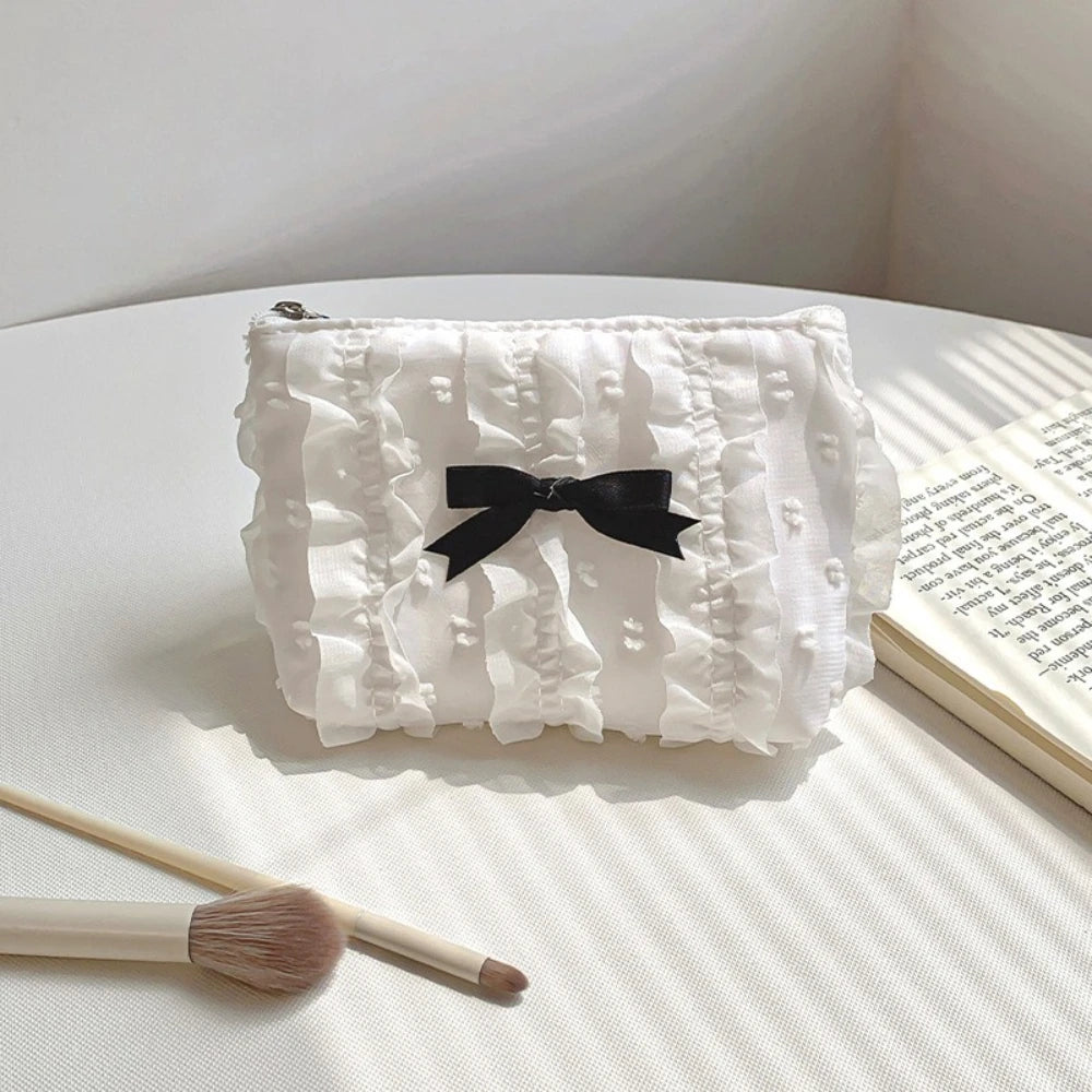 Cute Women Makeup Mini Bag Korean Lace Bow Portable Coin Purse Small Pouch Handbag Kawaii Female Cosmetic Storage Zipper Bag