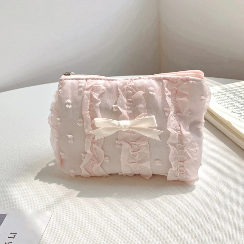Cute Women Makeup Mini Bag Korean Lace Bow Portable Coin Purse Small Pouch Handbag Kawaii Female Cosmetic Storage Zipper Bag