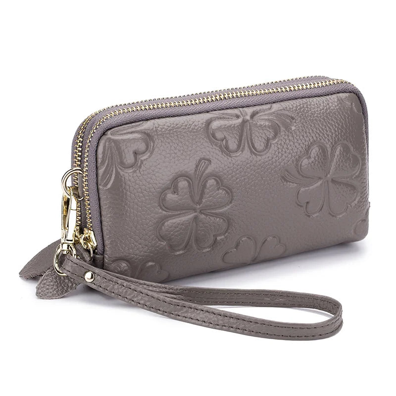 Real Leather Women Long Wallet Ladies Double Zipper Coin Purse Four-Leaf Clover Card Holder Female Cute Money Bag Luxury Clutch