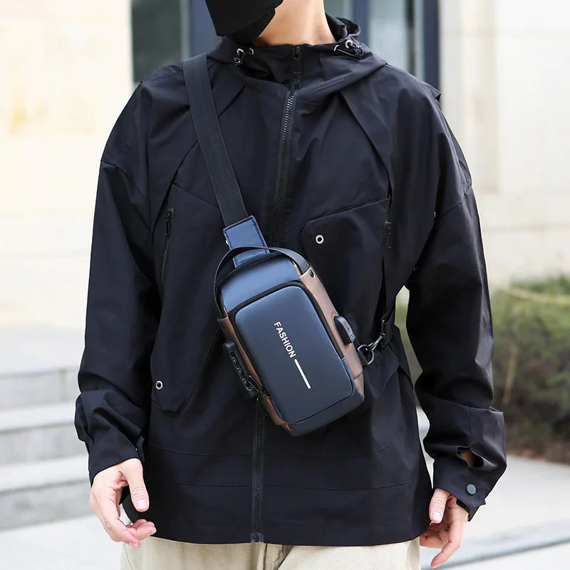1Pc Men'S Anti-Theft Password Lock Chest Bag - Made of Durable Oxford Fabric, Adjustable Shoulder Strap,Suitable for Motorcycles