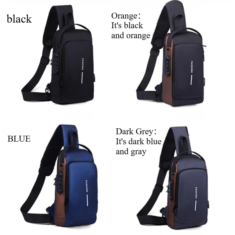 1Pc Men'S Anti-Theft Password Lock Chest Bag - Made of Durable Oxford Fabric, Adjustable Shoulder Strap,Suitable for Motorcycles