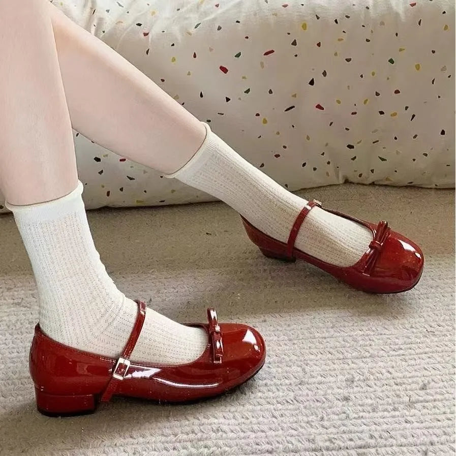 Spring Wine Red Women Mary Jane Shoes Shallow Ladies Casual Butterfly-Knot Shoes Eelgant Dress Leather Shoes 2025