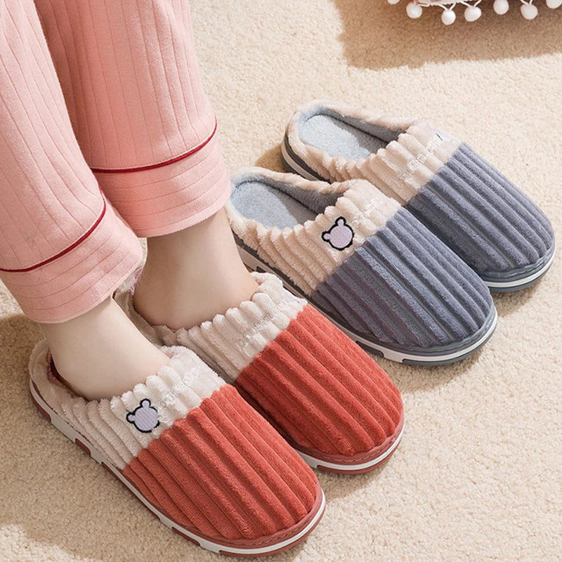 Smile Pop Women Confinement Soft Cotton Slippers Warm Non-Slip Plush Home Cotton Slippers Men Winter Couple Cotton Slippers