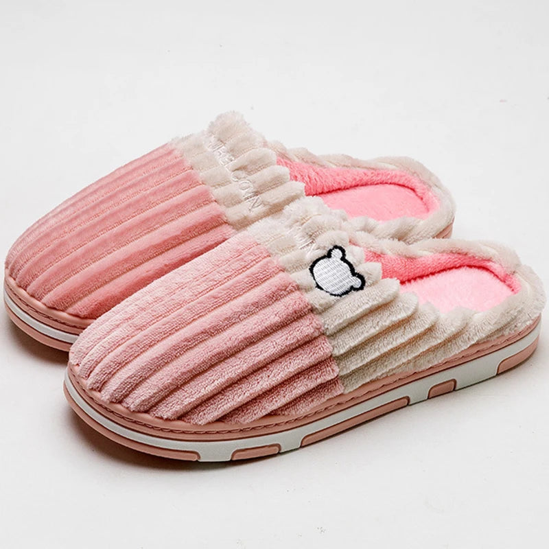 Smile Pop Women Confinement Soft Cotton Slippers Warm Non-Slip Plush Home Cotton Slippers Men Winter Couple Cotton Slippers