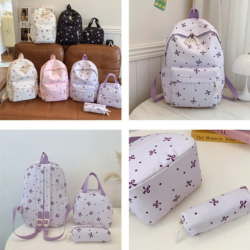 3-Piece Bow Print Backpack Set for Women Matching Crossbody Bag&Handbag&Pencil Case Multi-Pocket Lightweight School Bundle