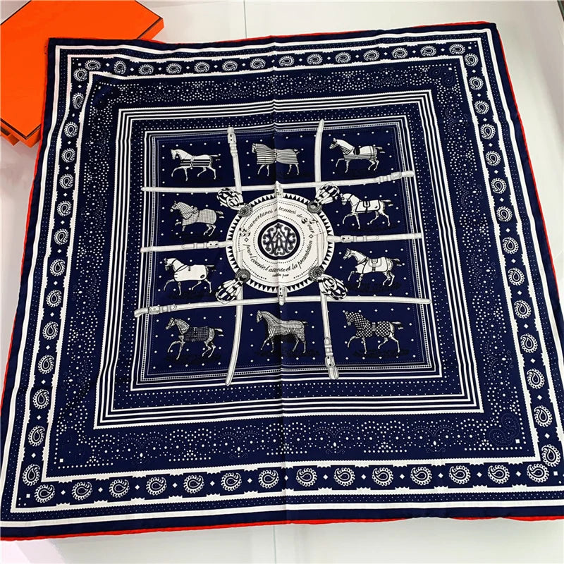 90Cm Hand Rolled Hem Paisley Horse Twill Silk Square Scarf Women Shawl Brand Hijab Scarf Foulard Head Scarves Design Bandana