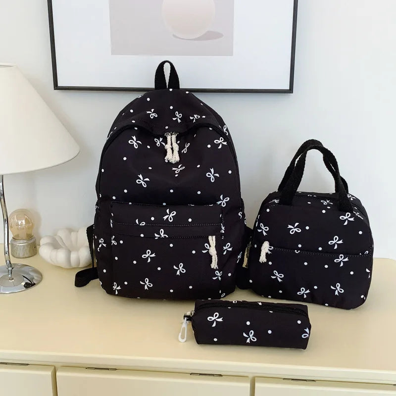 3-Piece Bow Print Backpack Set for Women Matching Crossbody Bag&Handbag&Pencil Case Multi-Pocket Lightweight School Bundle