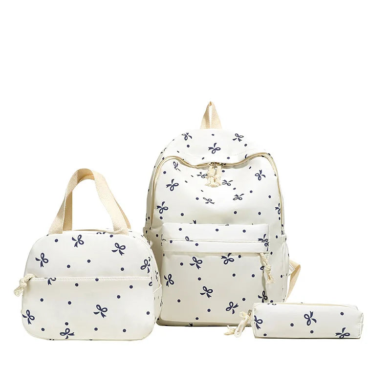 3-Piece Bow Print Backpack Set for Women Matching Crossbody Bag&Handbag&Pencil Case Multi-Pocket Lightweight School Bundle