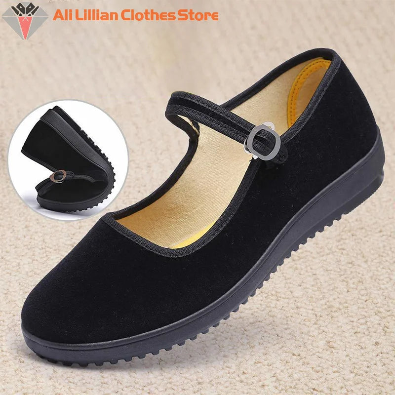 Black Mary Jane Shoes for Women China Dance Flat Old Beijing Cloth Walking Shoes Cotton Flats Yoga Exercise Dance Shoes