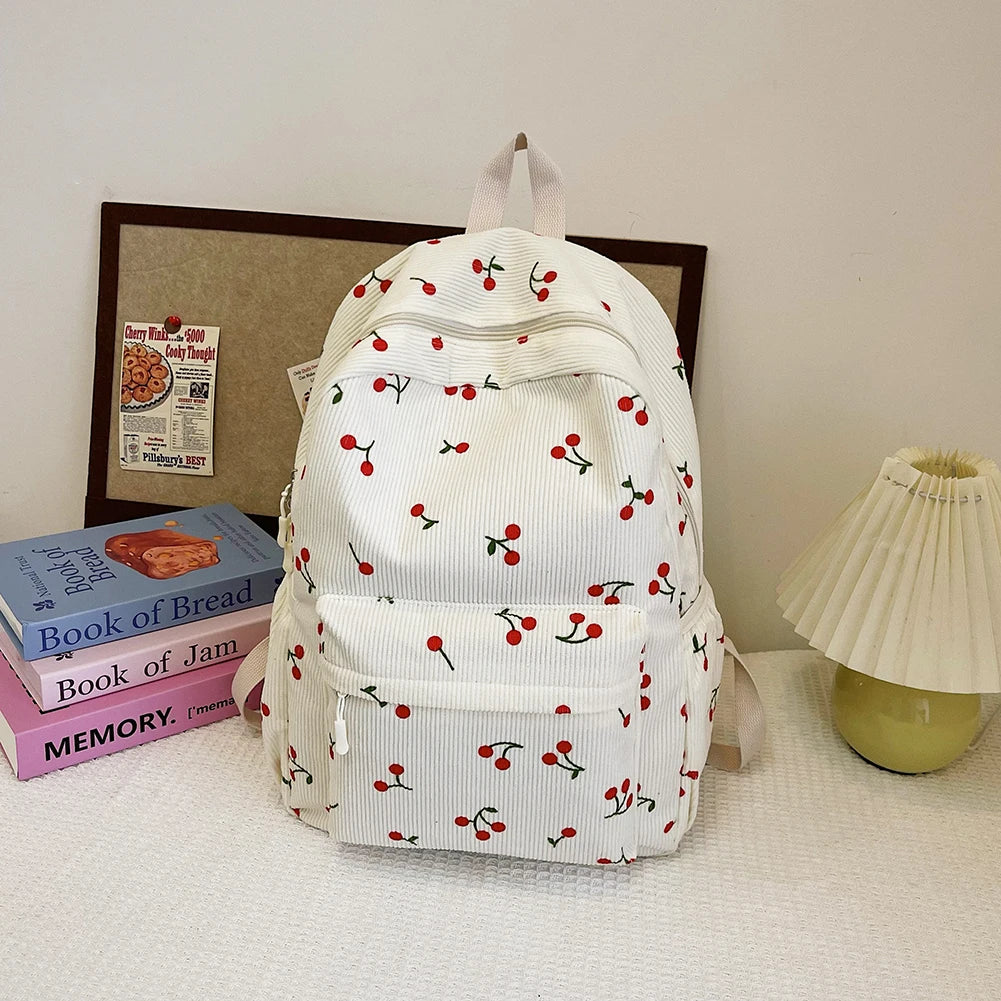 Corduroy Backpack Cherry Pattern Women Travel Daypack Adjustable Strap Laptop Backpack Zipper for Work Shopping School