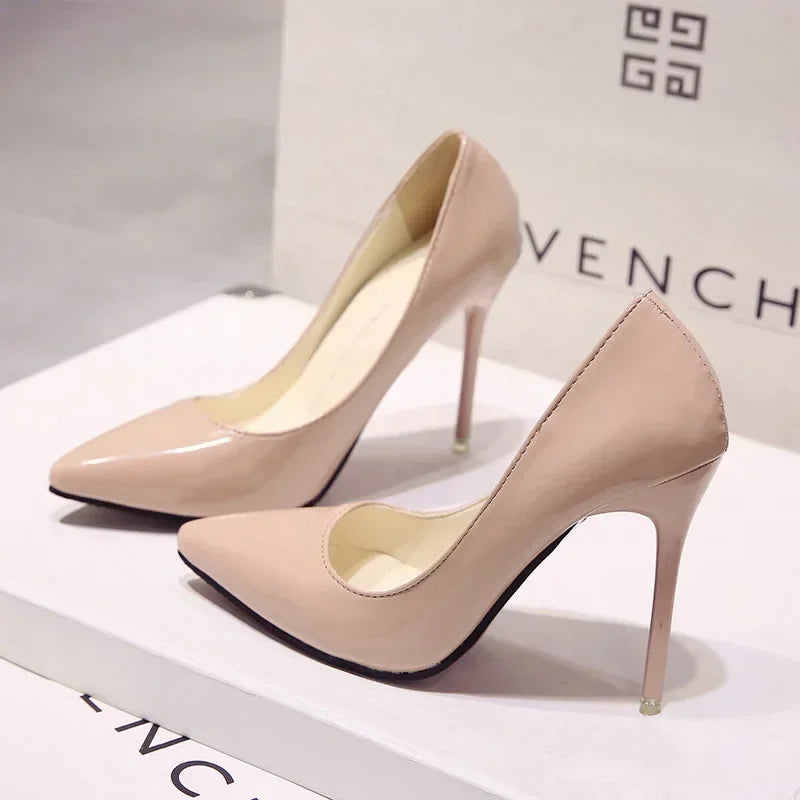 Nude Pumps for Women High Heel Shoes Female Fashion Patent Leather Sexy Pointed Toe Thin Heel Wedding Shoes plus Size 34-44