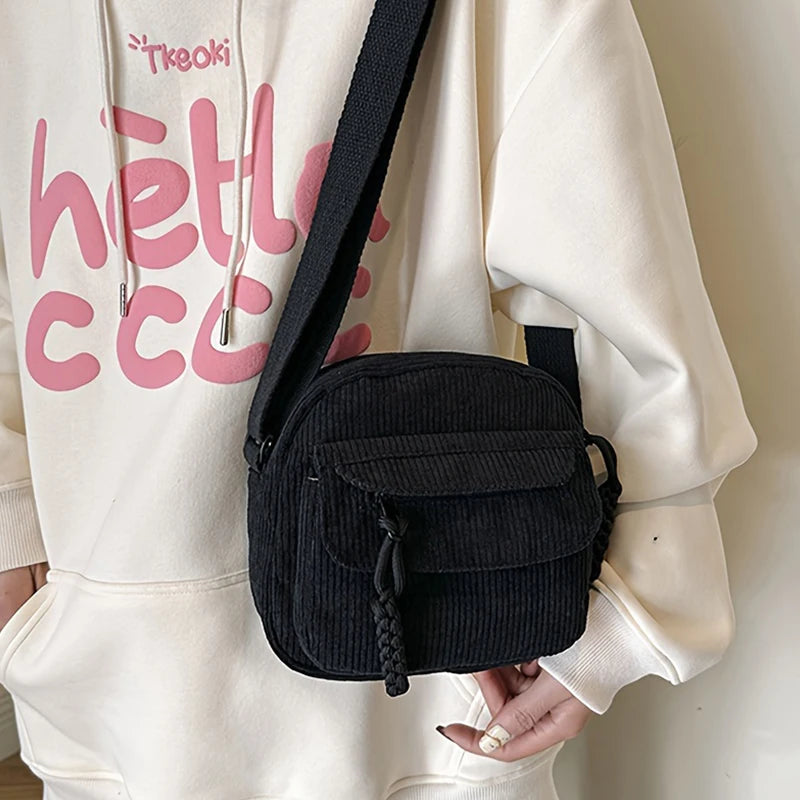 Korean Harajuku Messenger Bags Corduroy Women'S Small Shoulder Bag Teenager Girl Crossbody Bag Cute Tote Student Bolsa