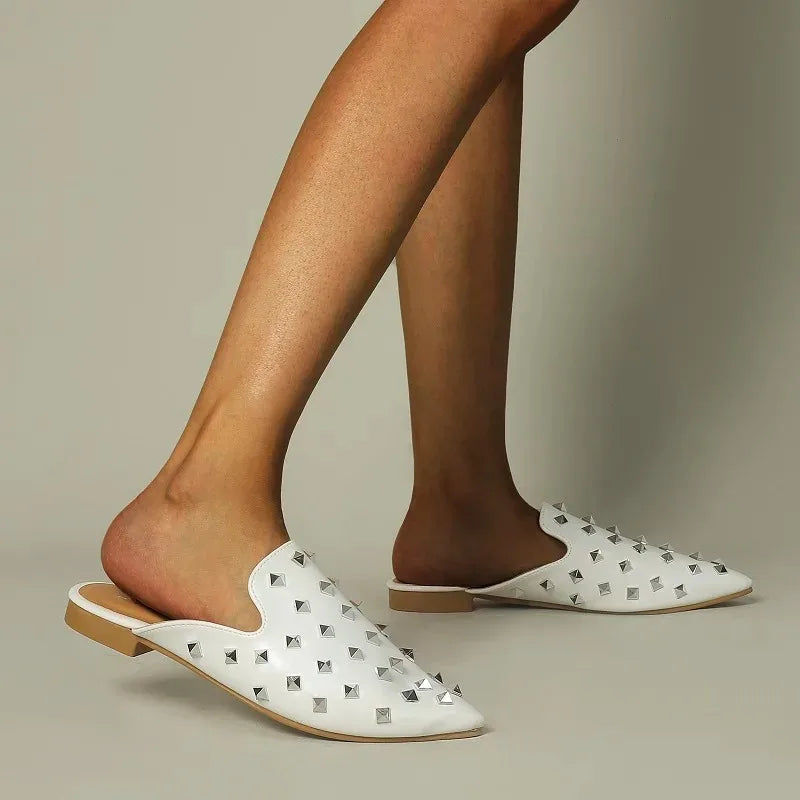 Riveted Slippers Women'S Shoes Leather Square Heel Low-Heel Slippers Casual Shoes Flat Shoes Loafers Footwear