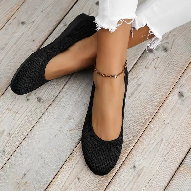 Round Toe Flats for Women Comfortable Knit Ballet Flat Shoes Casual Slip on Shallow Shoes Office Boat Shoes plus Size Moccasins
