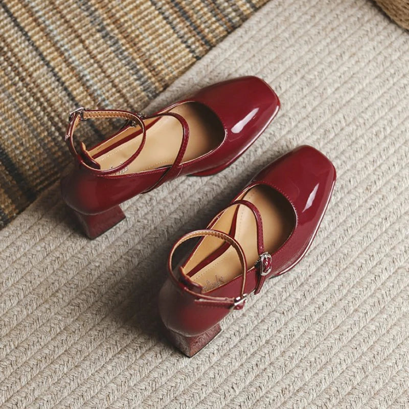 2025 New Women'S Mary Janes Shoes High Quality Leather Shoes for Women Square Toe Shallow Buckle Strap Women'S Shoes Sandalias