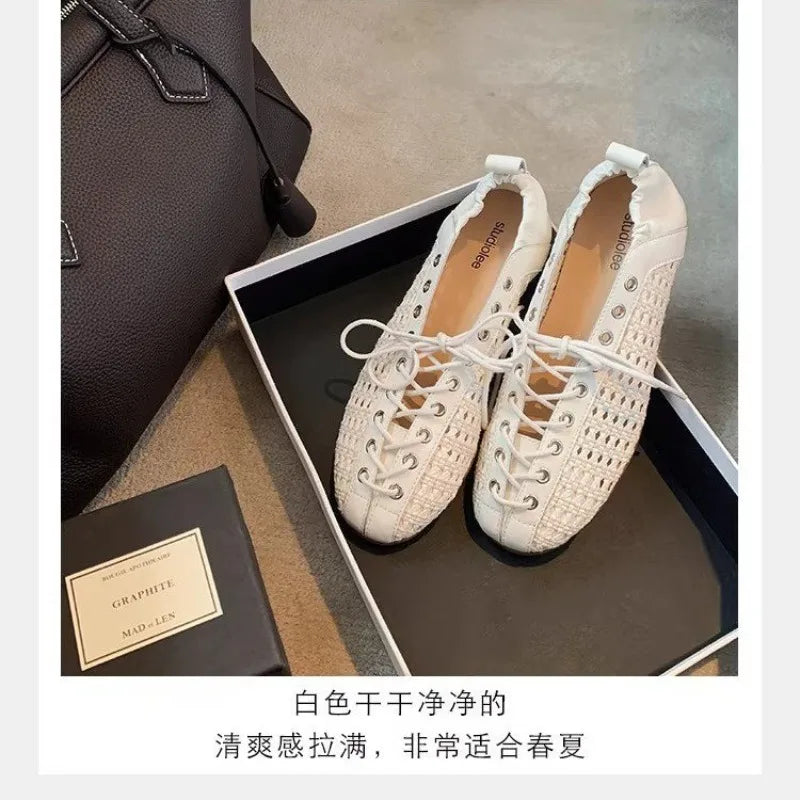 Women'S 2026 Spring Elegant French Lace-Up Woven Cutout Elasticated Flat Sneakers